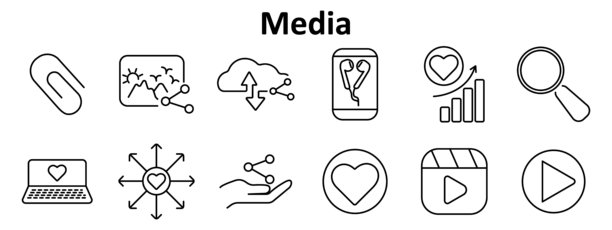 媒体集图标。包括回形针、带分享节点的图像、云传输、带耳机的手机、带心形的增长图表、放大镜、屏幕上的心形、播放按钮、手中的分享。图片下载