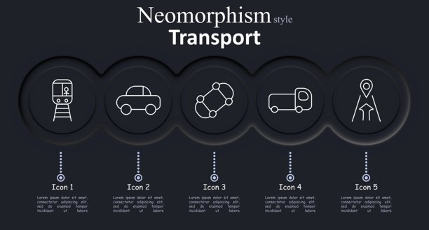 运输图标集。火车正面、汽车侧面、俯视汽车网络、送货卡车、带有图钉的道路，展示了交通、路线、车辆类型、追踪和运输系统。图片下载