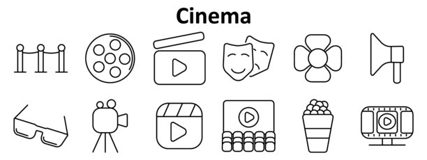 电影场景图标。包括障碍物、胶卷、拍板、面具、风扇、扩音器、眼镜、相机、爆米花、观众屏幕、显示屏。图片下载