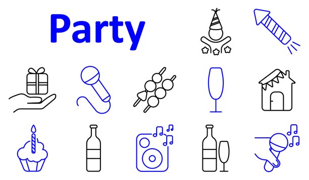派对图标集合。麦克风、礼品盒、家居装饰、烟花火箭、杯子蛋糕、饮料瓶、酒杯、烧烤串、DJ音响、派对帽、音符、庆祝活动。图片下载