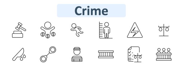 犯罪图标集合。包括刀具、血迹、小偷、嫌疑人照片、法槌、手铐、陪审团、正义天平、检查表、奔跑的人、电气危险和监狱栏杆。图片下载