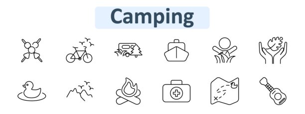露营装备图标。包括篝火、烧烤串、在水中的鸭子、山脉、房车、地图、尤克里里、自行车、急救包、船和手握叶子的图案。图片下载