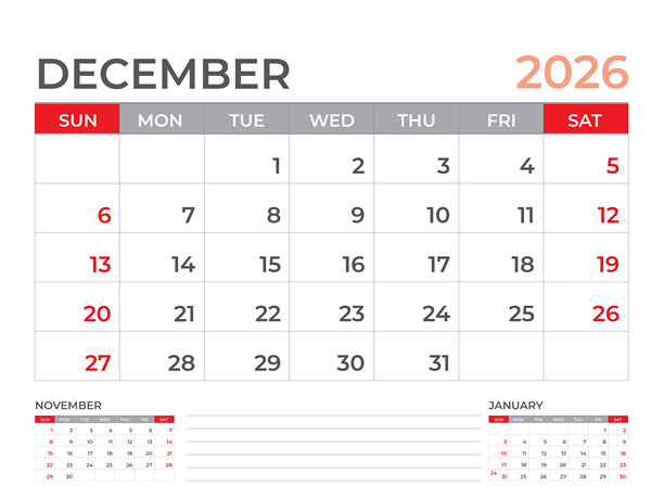 2026年日历模板 - 2026年12月设计，桌面日历2026年，计划设计，墙面日历，周日开始，文具，办公桌，办公室组织者，计划，印刷媒体图片下载