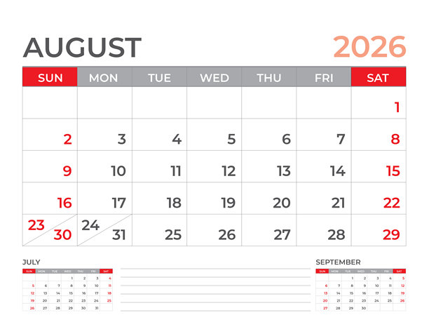 2026年日历模板 - 2026年8月设计，桌面日历2026年，计划设计，墙面日历，周日开始的一周，文具，办公桌，办公室组织者，计划者，印刷媒体图片下载