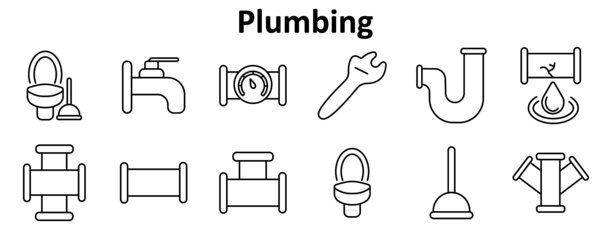 管道工具图标。马桶、水龙头、抽水器、管道、漏水、工具、配件、水滴、接头、计量器、压力、水流、排水、阀门、浴室。图片下载