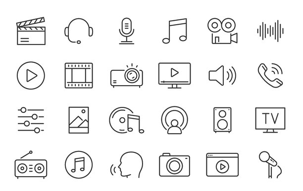 音频和视频网页图标，线条风格。电影院、扬声器、在线、图片、播放按钮、音乐、收藏。矢量插图。图片下载