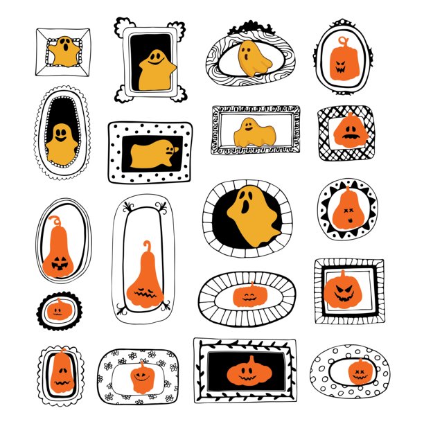 可爱的南瓜与鬼魂角色在复古框架中的组合。南瓜和鬼魂的肖像。秋季南瓜和鬼魂组合，独立于白色背景。适合万圣节贺卡的图片。矢量插图。图片下载