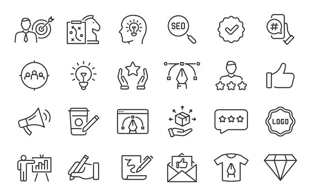 品牌网页图标集，线条风格。数字营销、产品、标志、创意、品牌、合作、社交媒体、目标受众、推广、合集。矢量插图。图片下载
