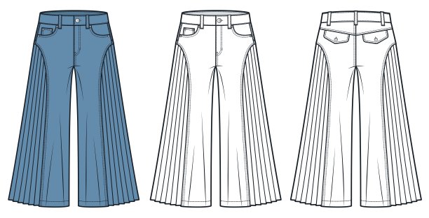 女性宽腿短裤牛仔裤时尚平面草图。阔腿裤时尚平面技术图纸模板，带褶皱、拉链、口袋，正面和背面视图，白色、蓝色，男女通用CAD模型。图片下载