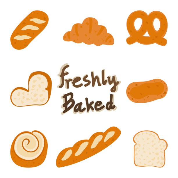 可爱的面包、糕点和蛋糕矢量图集，带有“新鲜出炉”的文字。扁平设计，白色背景下独立展示。非常适合面包店菜单、咖啡店装饰、甜点、食谱和食品包装设计。图片下载