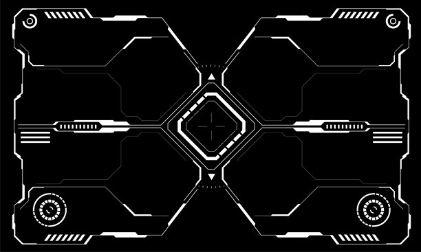 白色圆形几何设计的科幻界面屏幕视图，虚拟未来科技创意展示，黑色背景矢量图。图片下载
