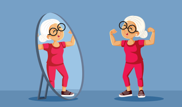 强壮的老年女性在镜子前展示肌肉的矢量角色图片下载