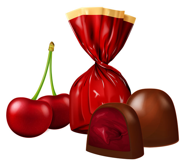 新鲜樱桃浆果和樱桃夹心巧克力糖果，包装并打开。矢量插图。图片下载