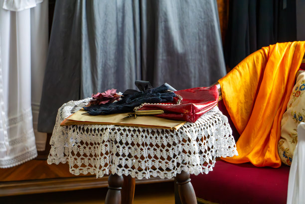 古董室内环境，圆桌上铺着蕾丝桌布，上面放着手套、扇子和其他配饰，周围环绕着复古服装。图片下载