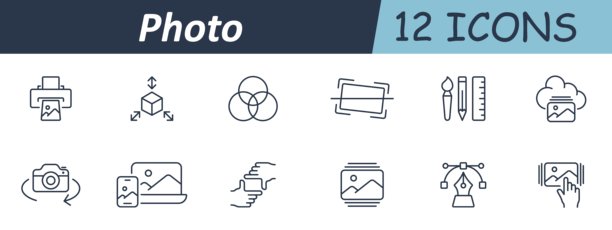 照片集图标。相机、裁剪、打印、图像框、旋转、调色器、移动同步、编辑工具、云上传、设计画笔、触控手势、矢量笔展示。图片下载