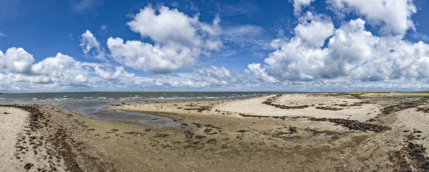 北海福尔岛“Vorland”海岸风景的全景照片，天气晴朗，云朵点缀。图片下载