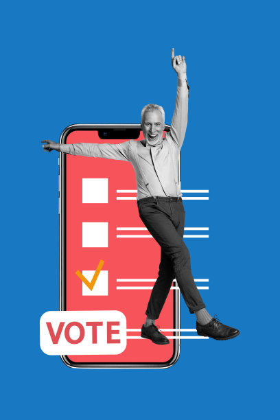 快乐老人的垂直照片拼贴，舞蹈、总统、获胜者、手机屏幕、选票勾选、服务、投票，背景为涂鸦风格。图片下载