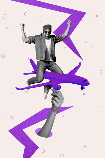 快乐的男性旅行者在飞机上跳跃的垂直照片拼贴，手中握着飞机玩具，背景为彩绘风格，展现夏季假期的氛围。图片下载