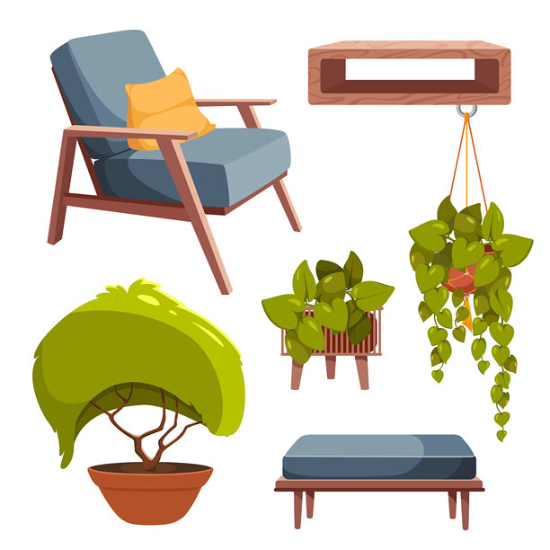 现代室内和户外的矢量图集，包括沙发椅、长椅、书架以及装饰性植物的卡通风格插图。游戏素材。图片下载