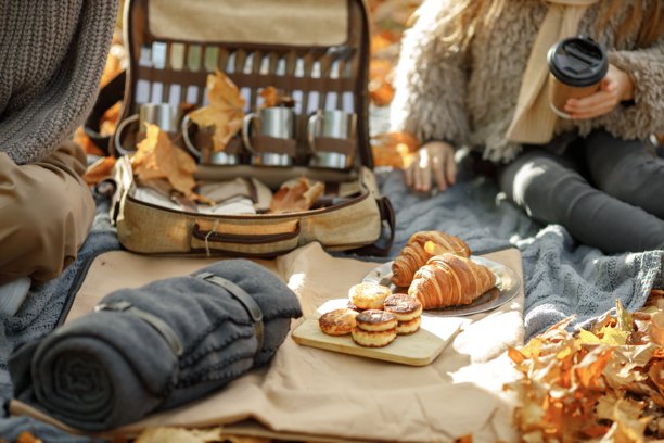 母女俩面前的野餐用品特写照片图片下载