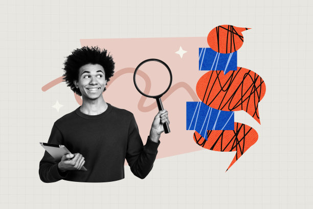 快乐的美国男士手持平板设备，放大镜聚焦文本框，沟通概念的拼贴照片，背景为涂鸦风格。图片下载