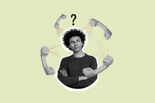 美国男性呼叫中心经理在涂鸦背景下，手持电话听筒，思考问题的合成照片拼贴。图片下载