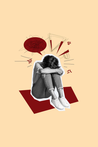 垂直照片拼贴，表现受伤女孩抱膝哭泣，欺凌抑郁概念，文本框，烦恼标志，孤立在涂鸦背景上。图片下载