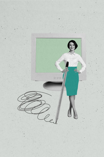 趋势艺术作品素描照片拼贴，描绘年轻女性教师在教育学校的工作空间，学生手持笔，过时的电脑显示器。图片下载