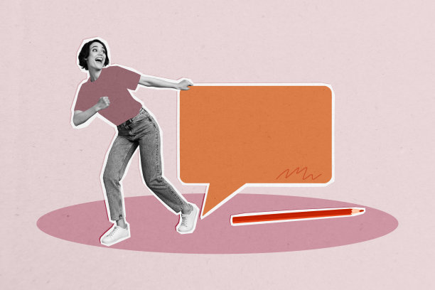 剪影年轻女性走路、手持聊天、发声的文本框应用程序、笔和社交媒体的复合趋势艺术作品草图照片拼贴图片下载