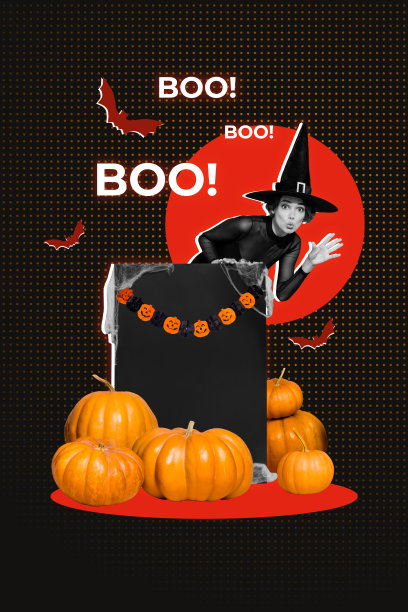 女孩撅嘴的竖版照片拼贴，窥视照片区域的南瓜、蝙蝠和万圣节的“呜”声，营造出阴森的季节，背景为涂鸦风格。图片下载