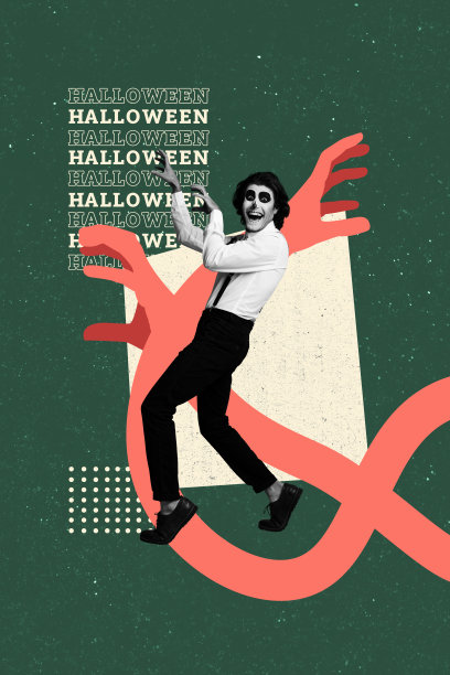 快乐的骑士男士在万圣节派对庆祝中模仿僵尸走路，垂直照片拼贴，背景为涂鸦风格。图片下载