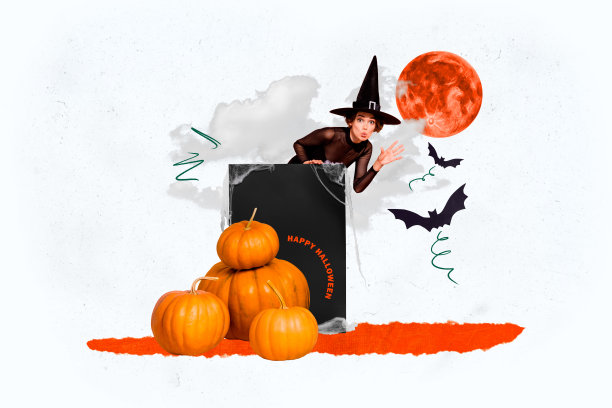 快乐女巫女孩在拍照区装饰的拼贴照片，手挥波浪，撅嘴，背景为涂鸦风格的南瓜和月亮。图片下载