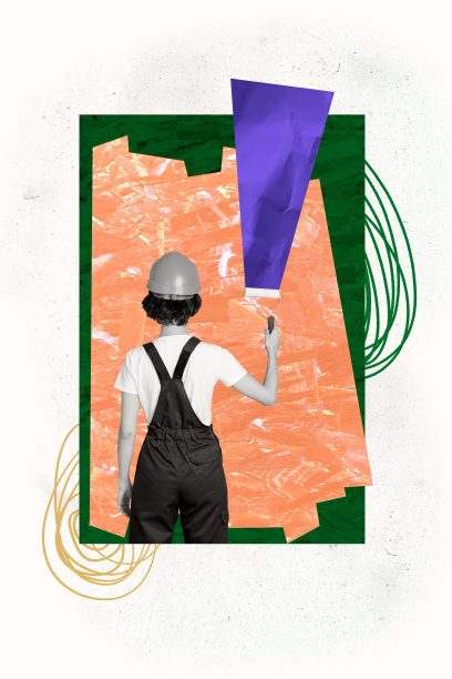 垂直照片拼贴，匿名女修理工手持滚筒刷，进行墙面涂装，设计师装饰者，背景为涂漆的墙面。图片下载