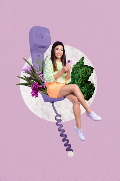 复合趋势艺术作品草图，3D照片拼贴，年轻女士坐在电话旁，使用智能手机，春季花卉作为日常礼物。图片下载