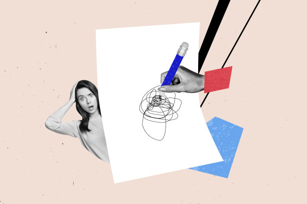 惊讶女孩的拼贴照片，透过纸张窥视，手绘涂鸦铅笔素描，心理治疗，背景为涂漆的色彩。图片下载