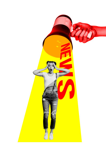 趋势艺术作品草图图像照片拼贴，年轻女士震惊地站着，天哪，网络欺凌，手持扩音器，宣传假新闻图片下载