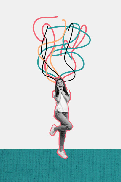 垂直照片拼贴，快乐漂亮女孩与色彩线条，梦幻想象概念，思绪流动，背景为涂鸦风格。图片下载