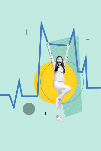 快乐女孩手持图表，展示成长与成功的概念，垂直照片拼贴，背景为涂鸦风格。图片下载