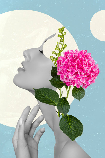 时尚春季花卉印花风格的年轻女性肖像艺术合成素描照片拼贴，模特半个头部摆姿势。图片下载