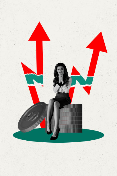 年轻女办公室经理坐在一堆美元硬币上，表情悲伤，心情不好，周围有象征成功的增长箭头的3D照片拼贴艺术草图。图片下载