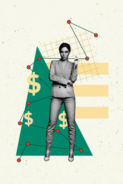 年轻女商人在工作中站立，指向金钱和富裕的美元符号的复合趋势艺术作品草图照片拼贴。图片下载