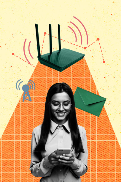 快乐女孩手持iPhone设备，展示无线连接速度，旁边有WiFi路由器，背景为涂鸦风格的垂直照片拼贴。图片下载