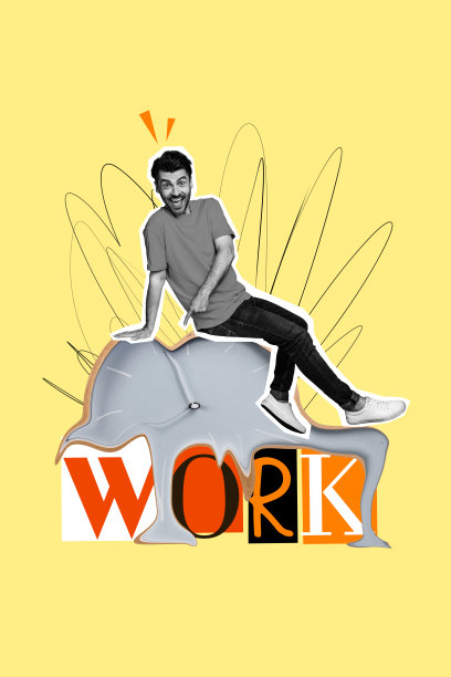 快乐商人工作的垂直照片拼贴，融化的钟表象征时间管理职业，背景为涂鸦风格。图片下载