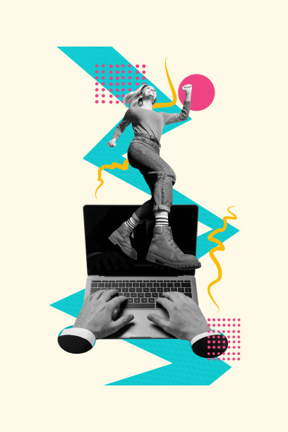 复合趋势3D草图图像照片拼贴，展示一位年轻女性影响者穿着大靴子走路，手在笔记本电脑键盘上打字。图片下载