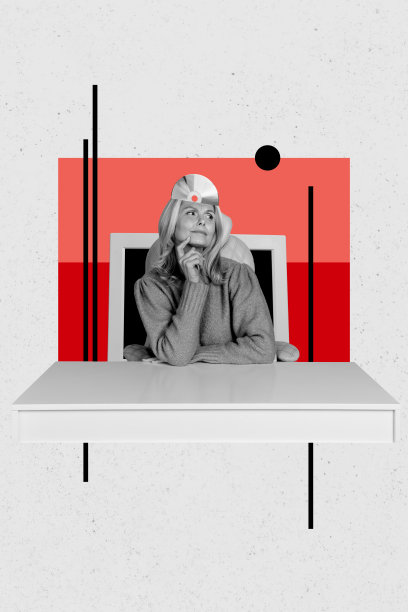 交易员商业女性坐在办公桌前，思考着音乐碟片的复合趋势艺术作品草图照片拼贴。图片下载