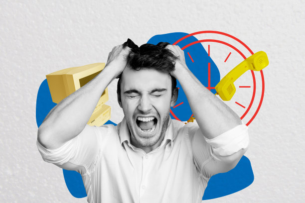 愤怒的商人撕扯头发的拼贴照片，工作压力，呼叫中心操作员，手持电话，电脑显示器，背景为涂鸦风格。图片下载