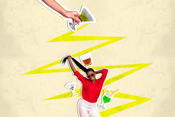 美国女孩在涂鸦背景下的舞会迪斯科派对鸡尾酒周五场合娱乐周末的拼贴照片图片下载