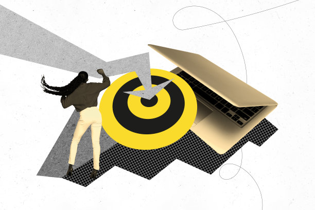 商业市场趋势艺术作品草图，照片拼贴，展示富有的女白领在办公室使用笔记本电脑，箭头指向目标，追求成功。图片下载