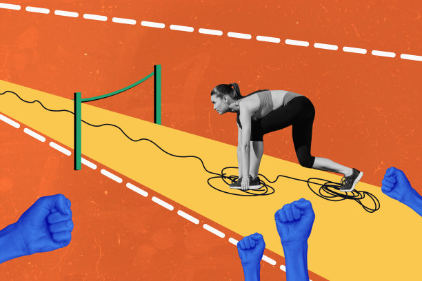 运动训练的复合趋势艺术草图，3D照片拼贴，年轻女性在体育场进行马拉松比赛的拳头粉丝。图片下载