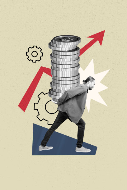 趋势艺术素描图像 3D 照片拼贴，展示交易员的商业工作装备、图表，年轻男子努力背负一大堆钱币。图片下载